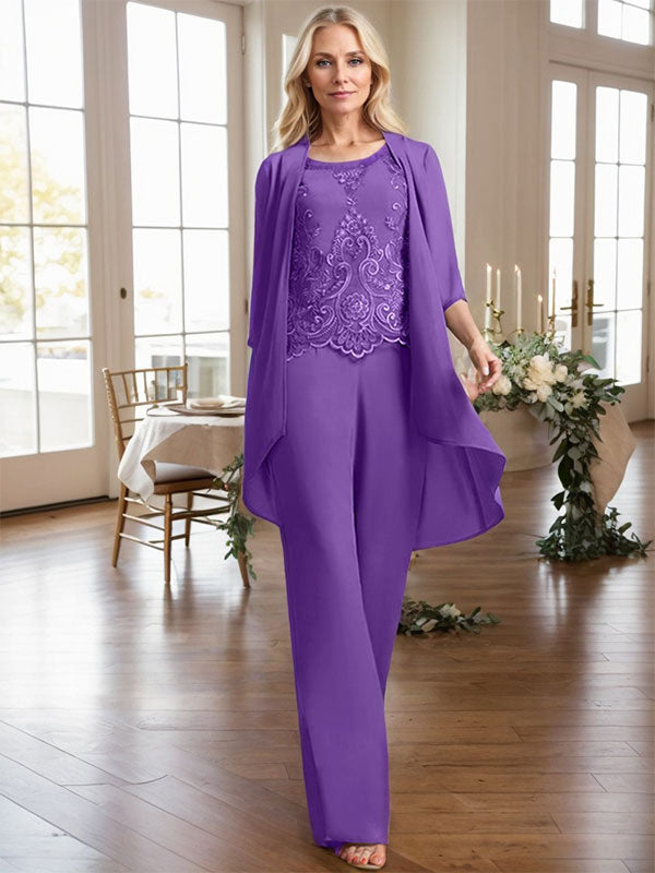 Separates Jumpsuit/Pantsuit Scoop Floor-Length Chiffon Lace Mother of the Bride Dress With Beading Sequins