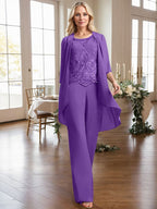 Separates Jumpsuit/Pantsuit Scoop Floor-Length Chiffon Lace Mother of the Bride Dress With Beading Sequins