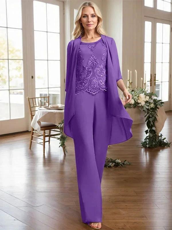 Separates Jumpsuit/Pantsuit Scoop Floor-Length Chiffon Lace Mother of the Bride Dress With Beading Sequins by Dreamylily
