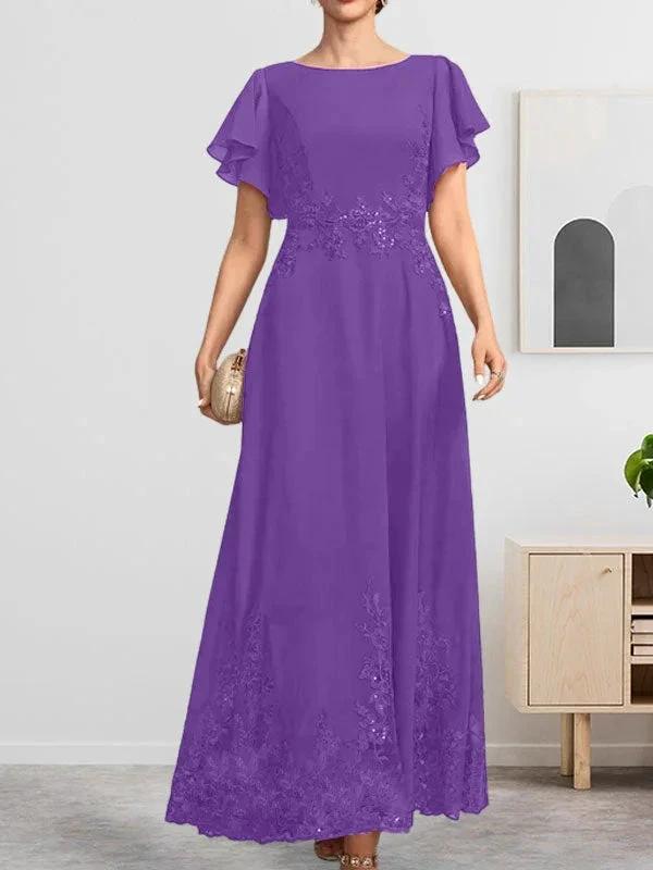 A-line Scoop Ankle-Length Lace Chiffon Mother of the Bride Dress With Sequins by Dreamylily