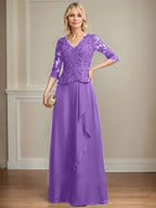 A-line V-Neck Floor-Length Lace Chiffon Mother of the Bride Dress With Cascading Ruffles Sequins by Dreamylily