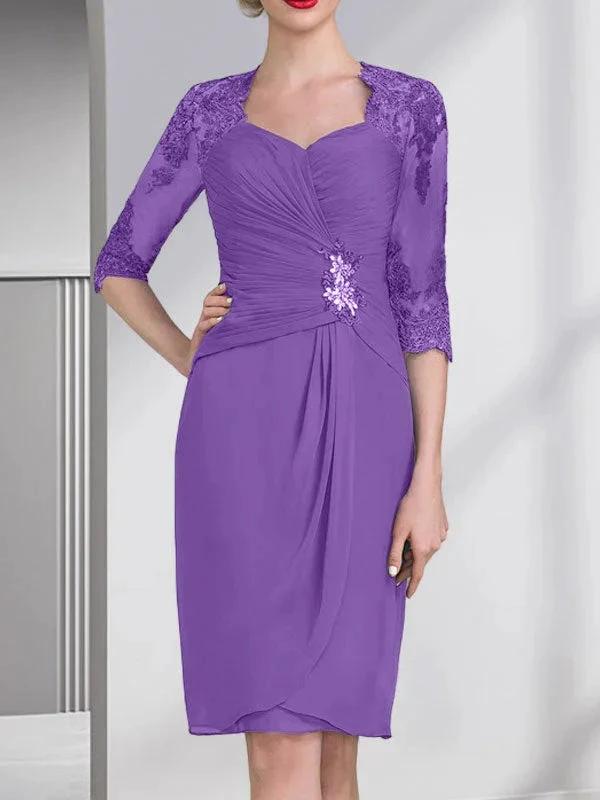 Sheath/Column Sweetheart Knee-Length Chiffon Mother of the Bride Dress With Beading Appliques Lace Sequins Pleated by Dreamylily