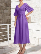 A-line V-Neck Tea-Length Lace Chiffon Mother of the Bride Dress With Pleated by Dreamylily