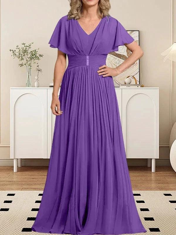 A-line V-Neck Floor-Length Chiffon Mother of the Bride Dress With Crystal Brooch Pleated by Dreamylily