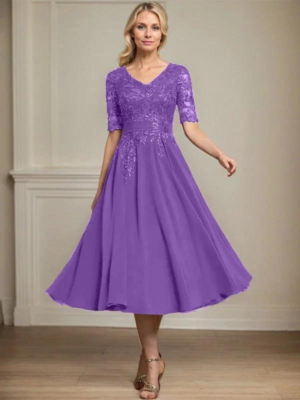 A-line V-Neck Tea-Length Lace Chiffon Mother of the Bride Dress With Sequins by Dreamylily