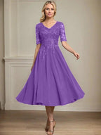 A-line V-Neck Tea-Length Lace Chiffon Mother of the Bride Dress With Sequins by Dreamylily