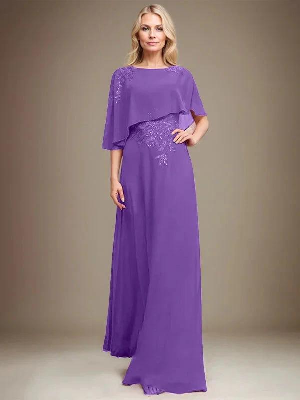 A-line Scoop Floor-Length Chiffon Lace Mother of the Bride Dress With Sequins Beading by Dreamylily