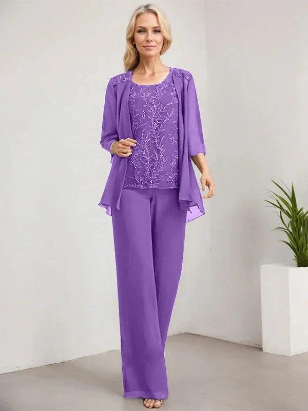 Separates Jumpsuit/Pantsuit Scoop Floor-Length Lace Chiffon Mother of the Bride Dress With Sequins by Dreamylily