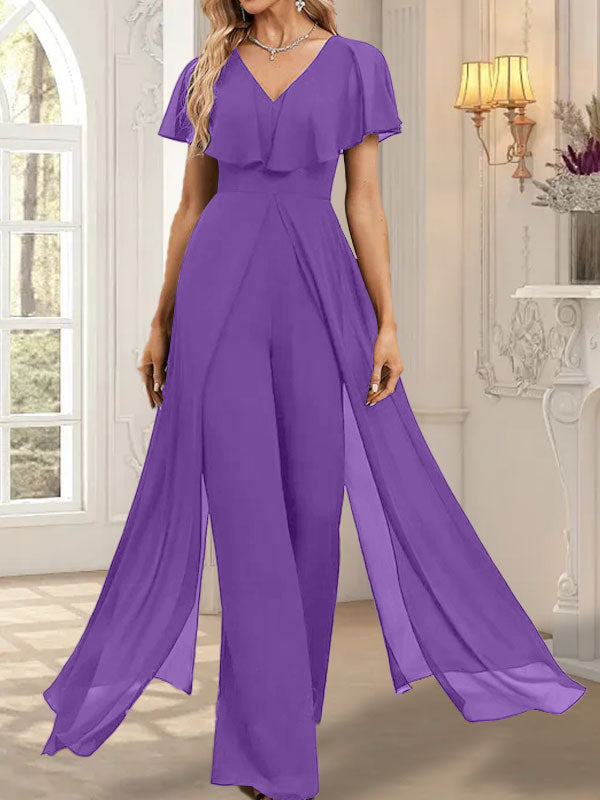Jumpsuit/Pantsuit V-Neck Floor-Length Chiffon Evening Dress