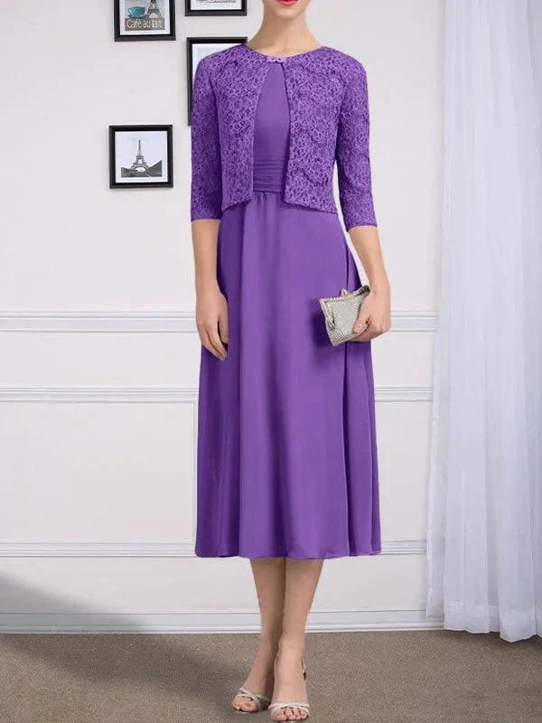 A-line Scoop Tea-Length Chiffon Mother of the Bride Dress With Pleated by Dreamylily