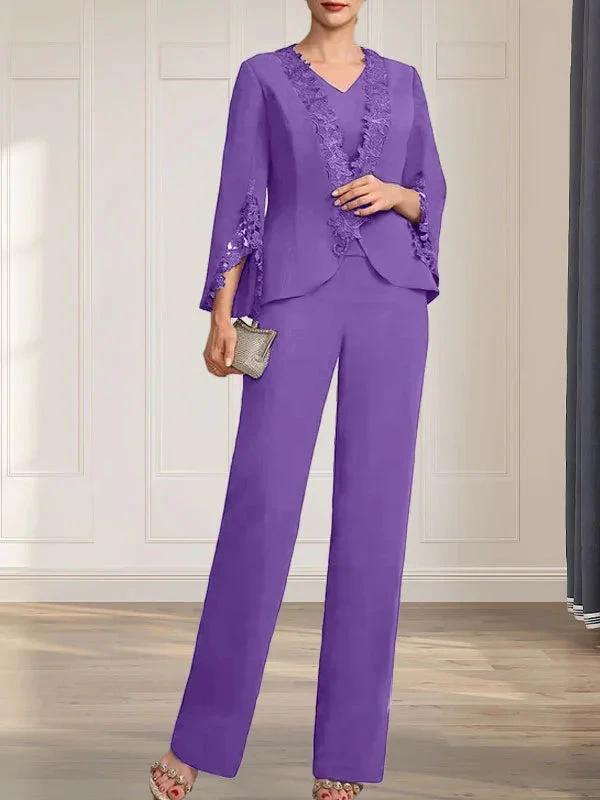 Separates Jumpsuit/Pantsuit V-Neck Floor-Length Chiffon Mother of the Bride Dress by Dreamylily