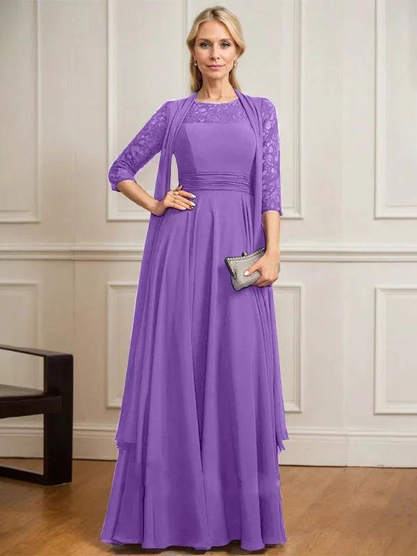 A-line Scoop Illusion Floor-Length Lace Chiffon Mother of the Bride Dress With Pleated by Dreamylily