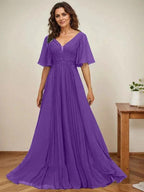 A-line V-Neck Floor-Length Chiffon Mother of the Bride Dress With Sequins Appliques Lace Pleated by Dreamylily
