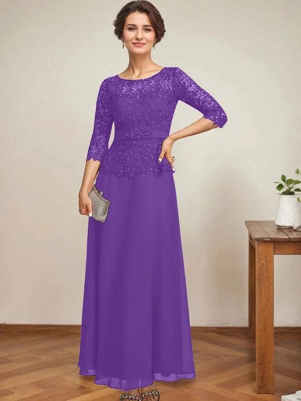A-line Scoop Illusion Ankle-Length Chiffon Lace Mother of the Bride Dress With Rhinestone Beading by Dreamylily
