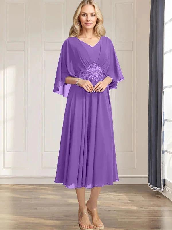 A-line V-Neck Tea-Length Chiffon Mother of the Bride Dress With Pleated Sequins Appliques Lace Beadind by Dreamylily