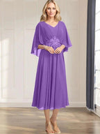 A-line V-Neck Tea-Length Chiffon Mother of the Bride Dress With Pleated Sequins Appliques Lace Beadind by Dreamylily