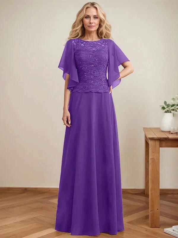 A-line Scoop Illusion Floor-Length Lace Chiffon Mother of the Bride Dress With Sequins by Dreamylily