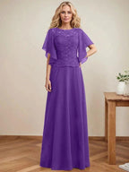 A-line Scoop Illusion Floor-Length Lace Chiffon Mother of the Bride Dress With Sequins by Dreamylily