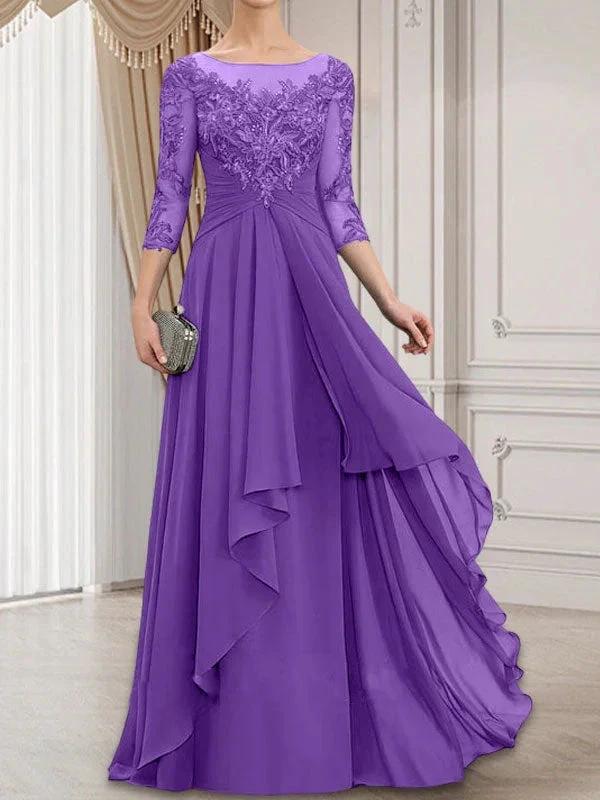 A-line Scoop Illusion Floor-Length Lace Chiffon Mother of the Bride Dress With Cascading Ruffles by Dreamylily
