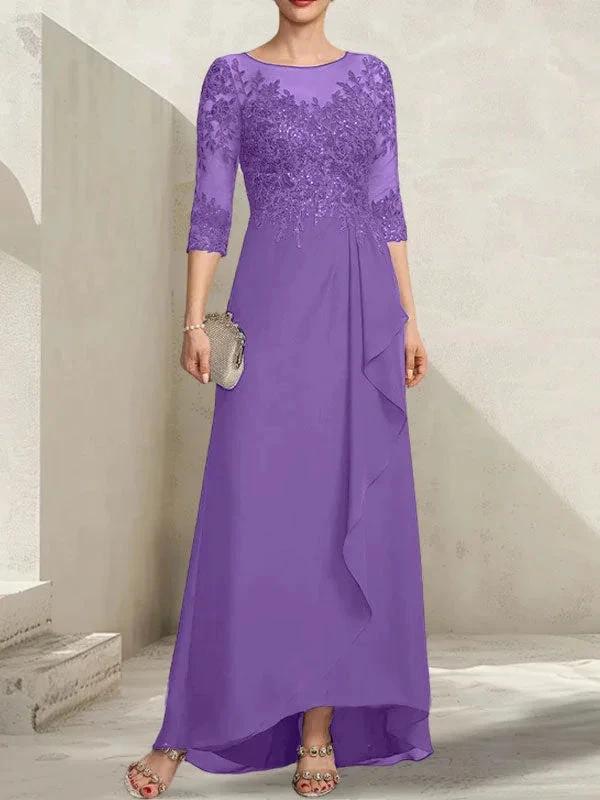 A-line Scoop Illusion Asymmetrical Lace Chiffon Mother of the Bride Dress With Sequins Cascading Ruffles by Dreamylily