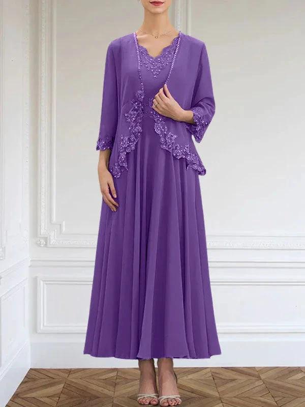 A-line V-Neck Ankle-Length Chiffon Mother of the Bride Dress With Sequins Appliques Lace Beading by Dreamylily