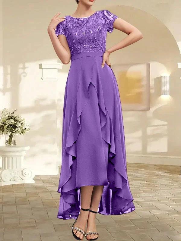 A-line Scoop Illusion Asymmetrical Chiffon Lace Mother of the Bride Dress With Bow Ruffle Sequins by Dreamylily