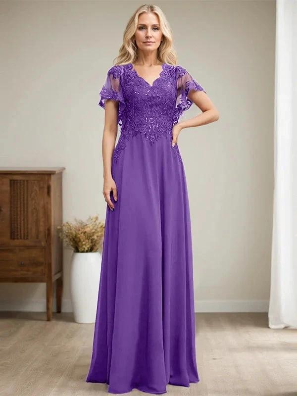A-line V-Neck Floor-Length Lace Chiffon Mother of the Bride Dress With Sequins by Dreamylily