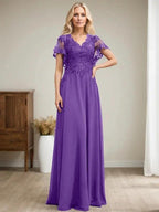 A-line V-Neck Floor-Length Lace Chiffon Mother of the Bride Dress With Sequins by Dreamylily