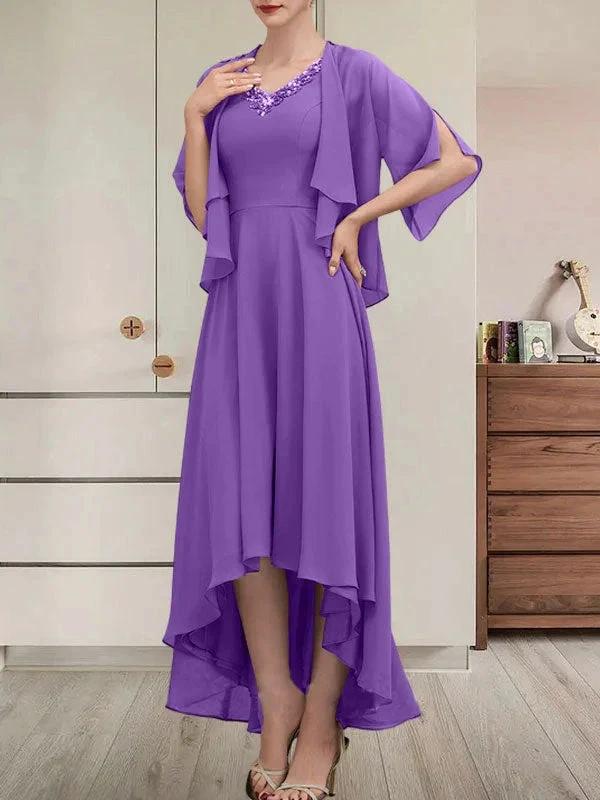A-line V-Neck Asymmetrical Chiffon Mother of the Bride Dress With Beading Sequins by Dreamylily
