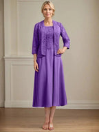 A-line Scoop Tea-Length Lace Chiffon Mother of the Bride Dress by Dreamylily