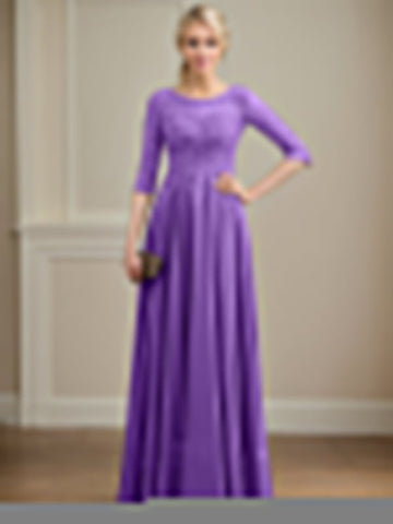 A-line Scoop Illusion Floor-Length Lace Chiffon Mother of the Bride Dress With Sequins