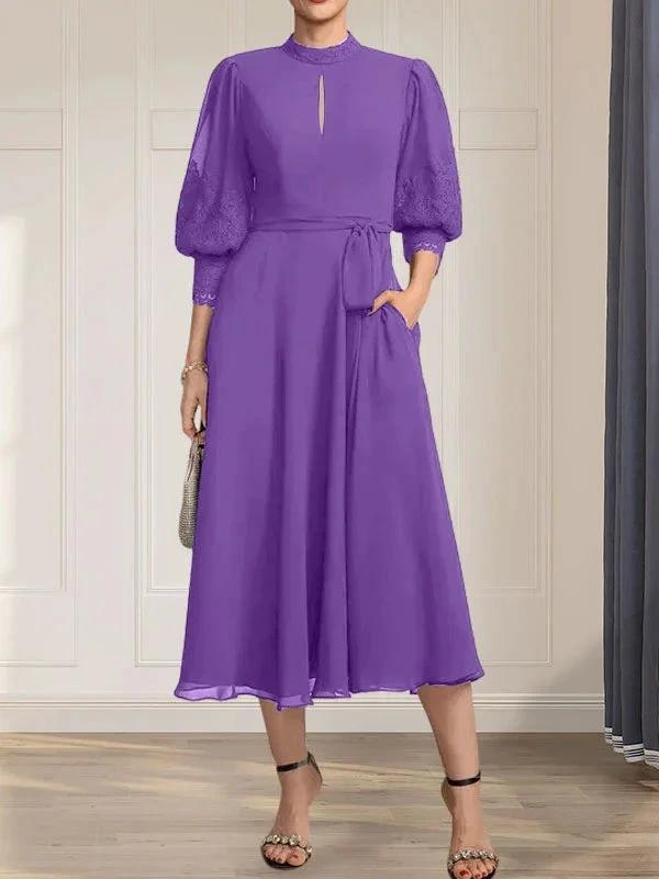 A-line High Neck Tea-Length Lace Chiffon Mother of the Bride Dress With Bow by Dreamylily