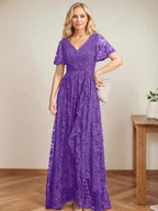 A-Line V-Neck Asymmetrical Lace Mother of the Bride Dress With Cascading Ruffles by Dreamylily