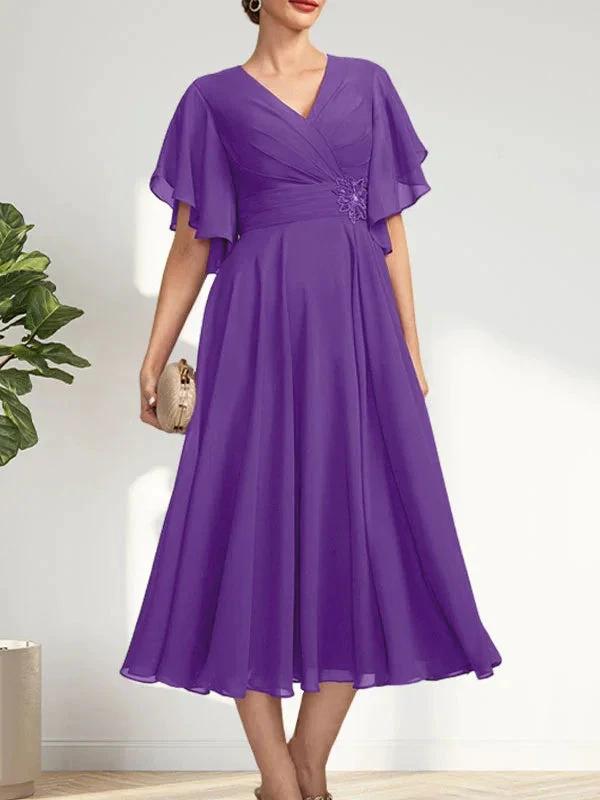A-line V-Neck Tea-Length Chiffon Mother of the Bride Dress With Pleated Beading by Dreamylily