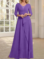 A-line V-Neck Floor-Length Chiffon Mother of the Bride Dress With Pleated Beading by Dreamylily