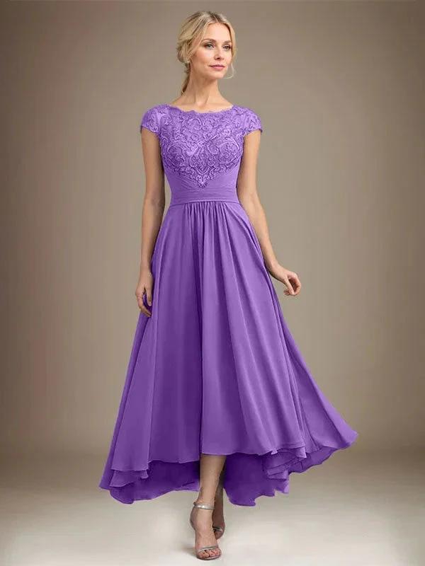 A-line Scoop Illusion Asymmetrical Lace Chiffon Mother of the Bride Dress With Pleated by Dreamylily
