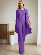 Separates Jumpsuit/Pantsuit Scoop Floor-Length Chiffon Lace Mother of the Bride Dress With Beading Sequins