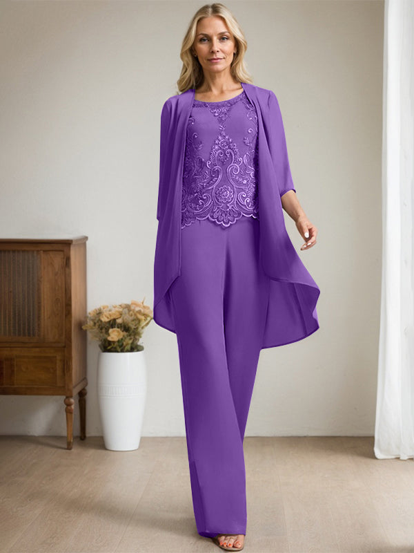 Separates Jumpsuit/Pantsuit Scoop Floor-Length Chiffon Lace Mother of the Bride Dress With Beading Sequins