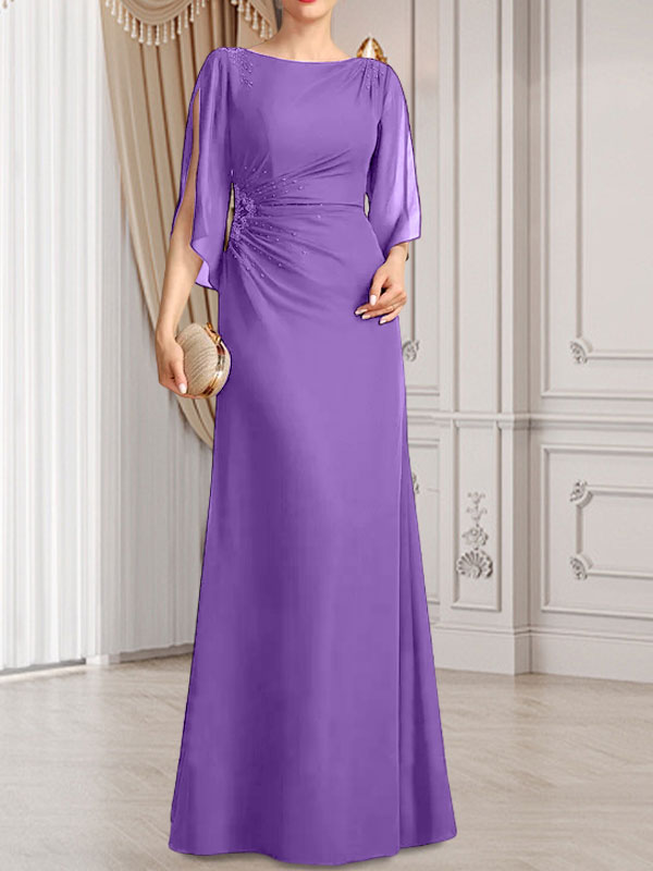 Etui-Linie/Säule U-Ausschnitt Bodenlang Chiffon Kleid für die Brautmutter mit Plissee Perlenbesatz