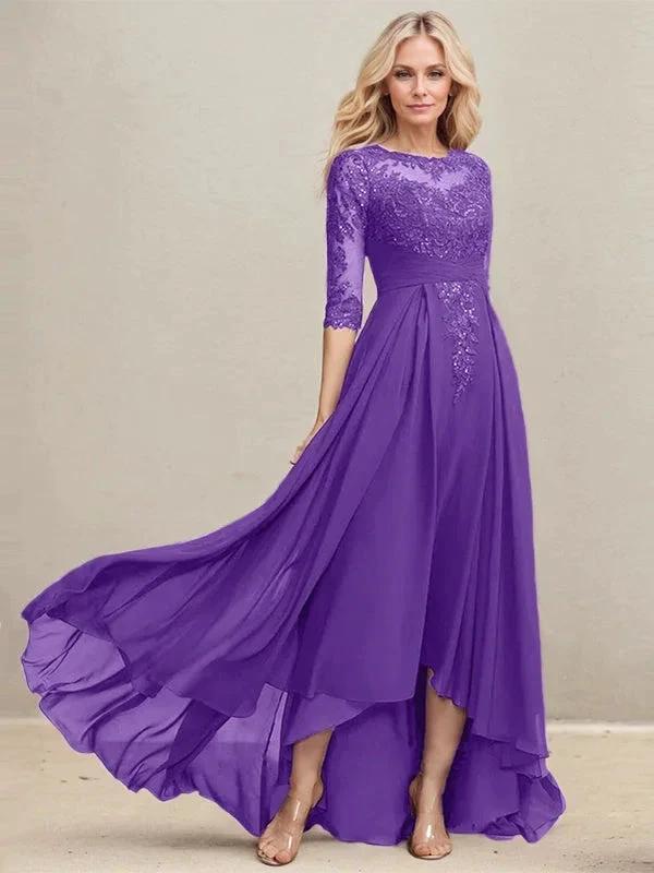 A-line Scoop Illusion Asymmetrical Lace Chiffon Mother of the Bride Dress With Pleated Sequins by Dreamylily