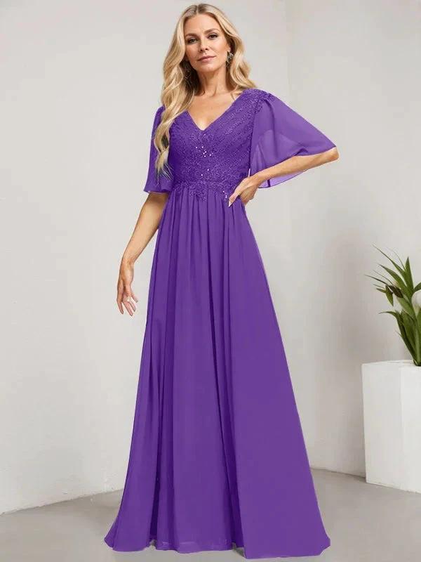 A-line V-Neck Floor-Length Lace Chiffon Mother of the Bride Dress With Sequins by Dreamylily