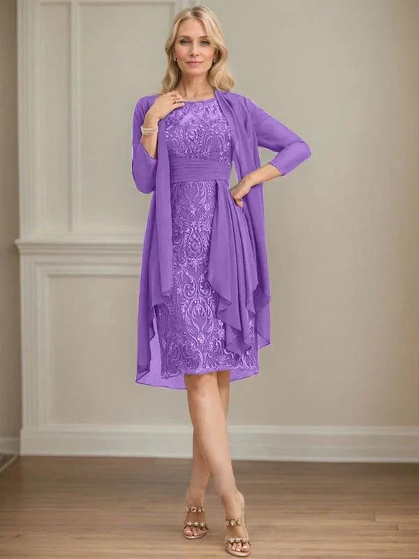 Sheath/Column Scoop Illusion Knee-Length Lace Chiffon Mother of the Bride Dress With Cascading Ruffles Sequins by Dreamylily