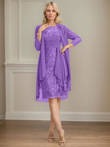 Sheath/Column Scoop Illusion Knee-Length Lace Chiffon Mother of the Bride Dress With Cascading Ruffles Sequins