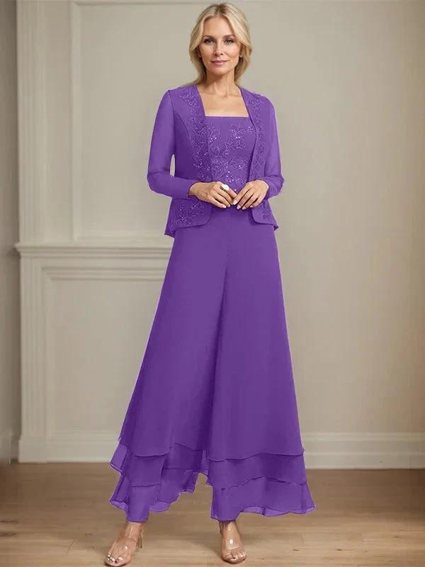 Separates Jumpsuit/Pantsuit Square Ankle-Length Lace Chiffon Mother of the Bride Dress With Sequins by Dreamylily