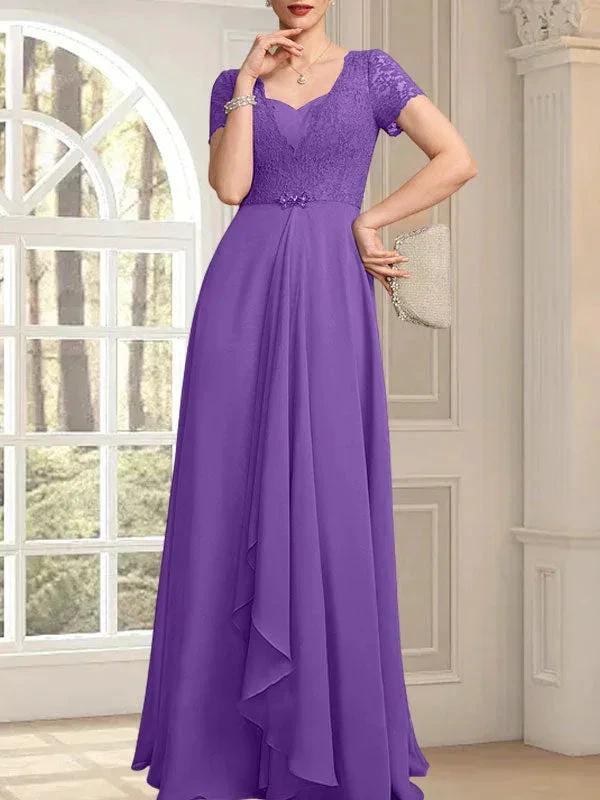 A-line Sweetheart Floor-Length Chiffon Lace Mother of the Bride Dress With Beading Cascading Ruffles by Dreamylily