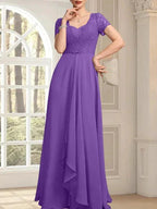 A-line Sweetheart Floor-Length Chiffon Lace Mother of the Bride Dress With Beading Cascading Ruffles by Dreamylily