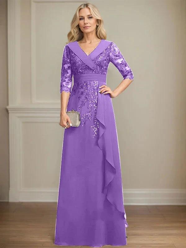 A-line Collared V-Neck Floor-Length Lace Chiffon Mother of the Bride Dress With Sequins Cascading Ruffles by Dreamylily