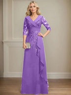 A-line Collared V-Neck Floor-Length Lace Chiffon Mother of the Bride Dress With Sequins Cascading Ruffles by Dreamylily