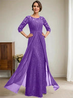 A-Line Scoop Illusion Floor-Length Lace Chiffon Mother Of the Bride Dress With Beading Ruffles by Dreamylily