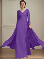 A-line V-Neck Floor-Length Lace Chiffon Mother of the Bride Dress With Sequins by Dreamylily